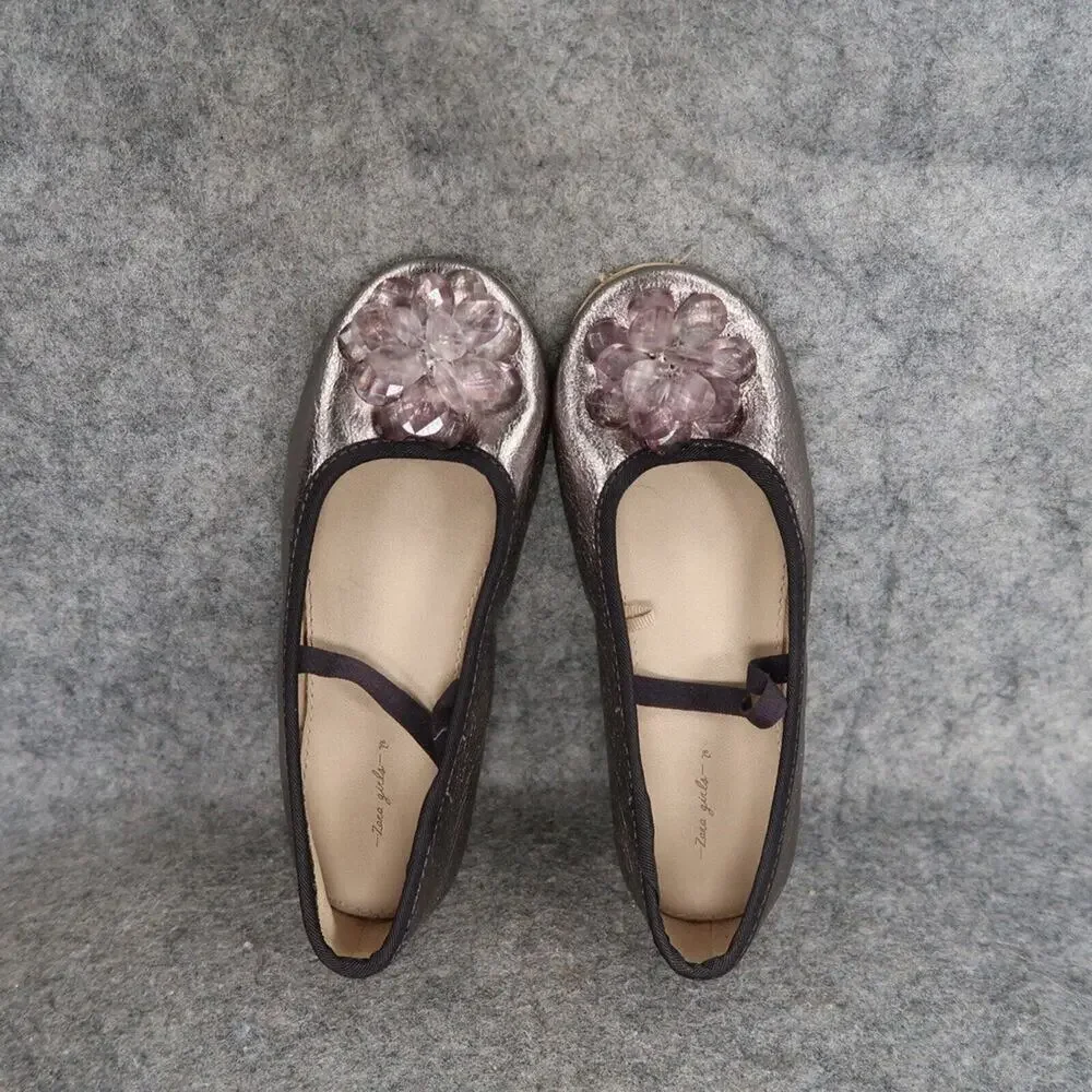 Zara Shoes Girls 28 Ballet Flats Fashion Metallic Embellished Toe Elastic Strap